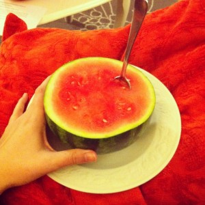 This is how a pregnant lady does watermelon.